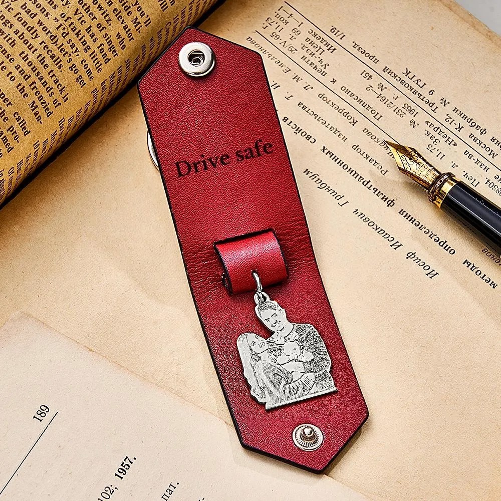 Custom Photo Leather Drive Safe Keychain With Engraved Text Key Ring Annivesary Gifts For Father - soufeelus