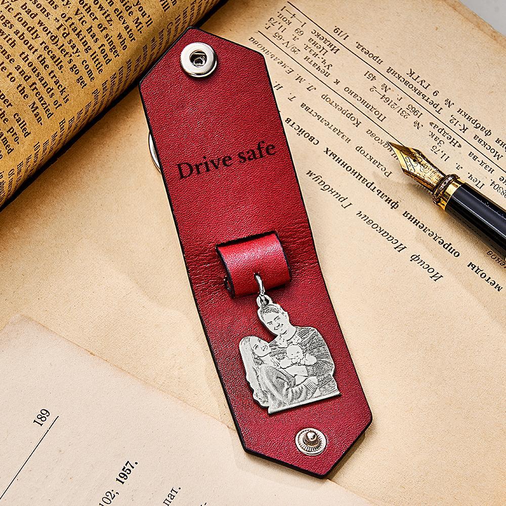 Custom Photo Leather Keychain With Text Annivesary Gifts For Men - soufeelus