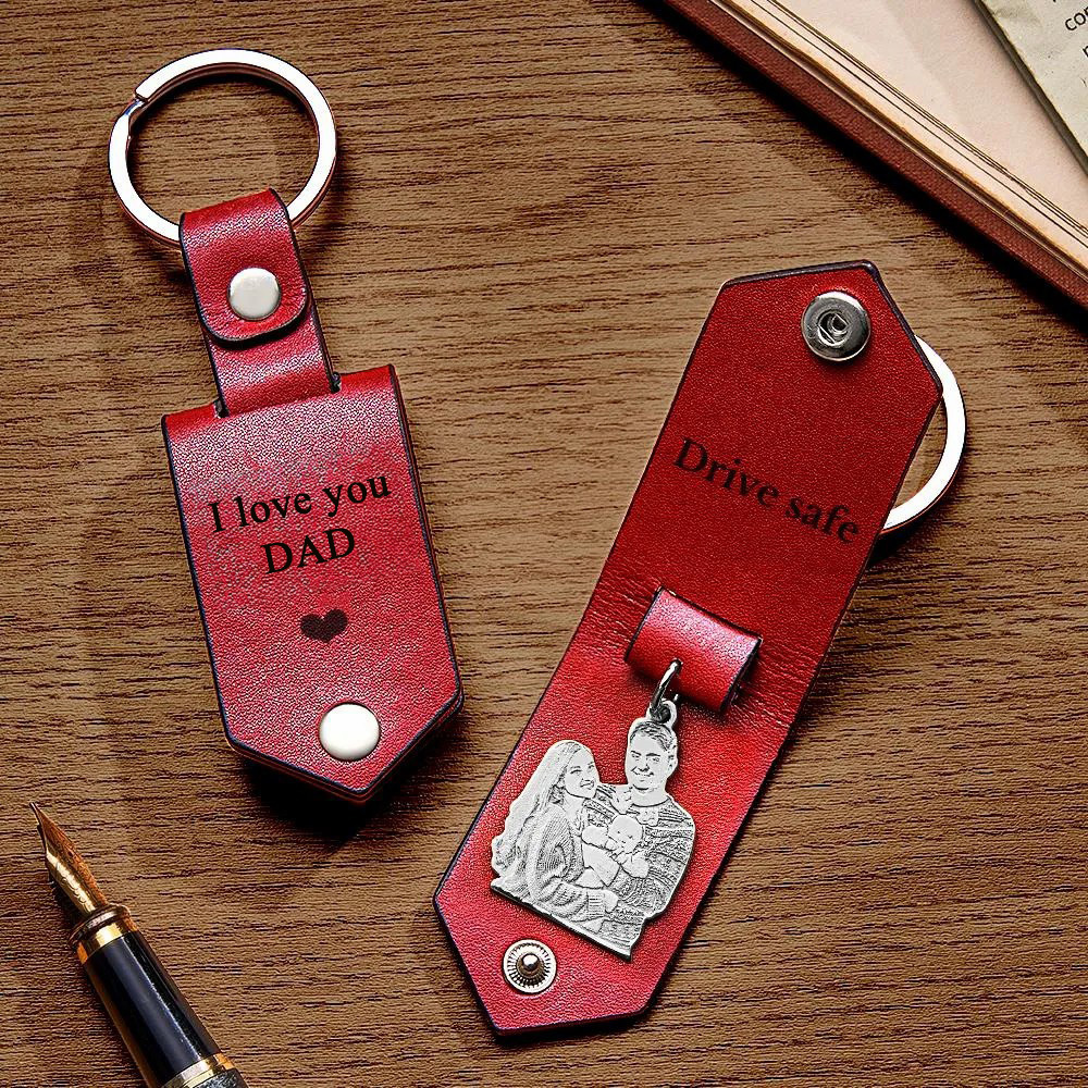 Custom Photo Leather Drive Safe Keychain With Engraved Text Key Ring Annivesary Gifts For Father - soufeelus