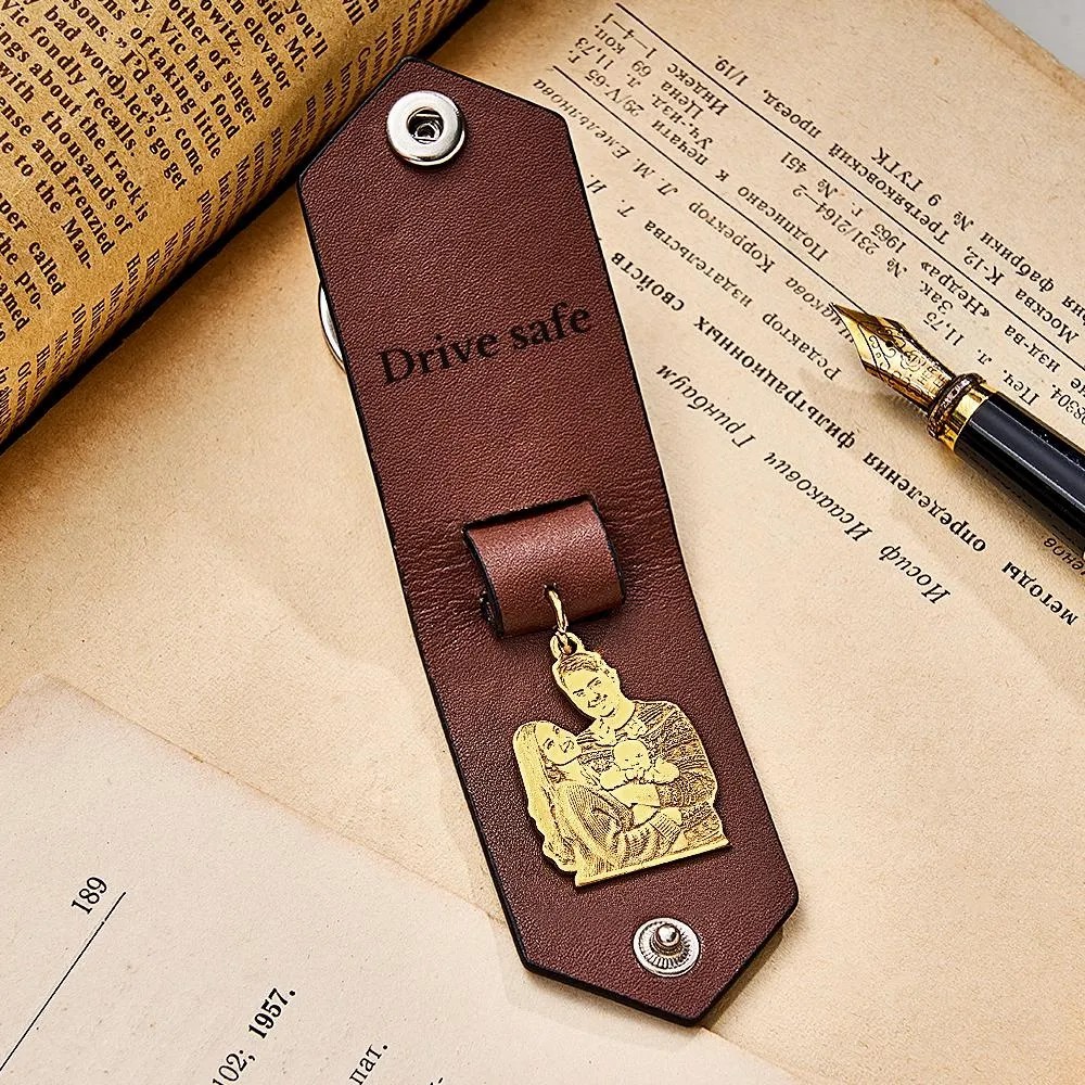 Custom Photo Leather Drive Safe Keychain With Engraved Text Key Ring Annivesary Gifts For Father - soufeelus