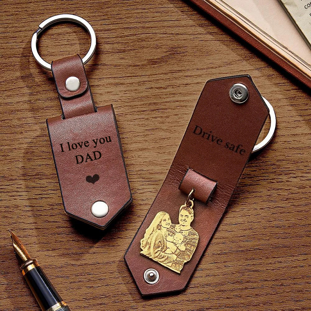 Custom Photo Leather Drive Safe Keychain With Engraved Text Key Ring Annivesary Gifts For Father - soufeelus