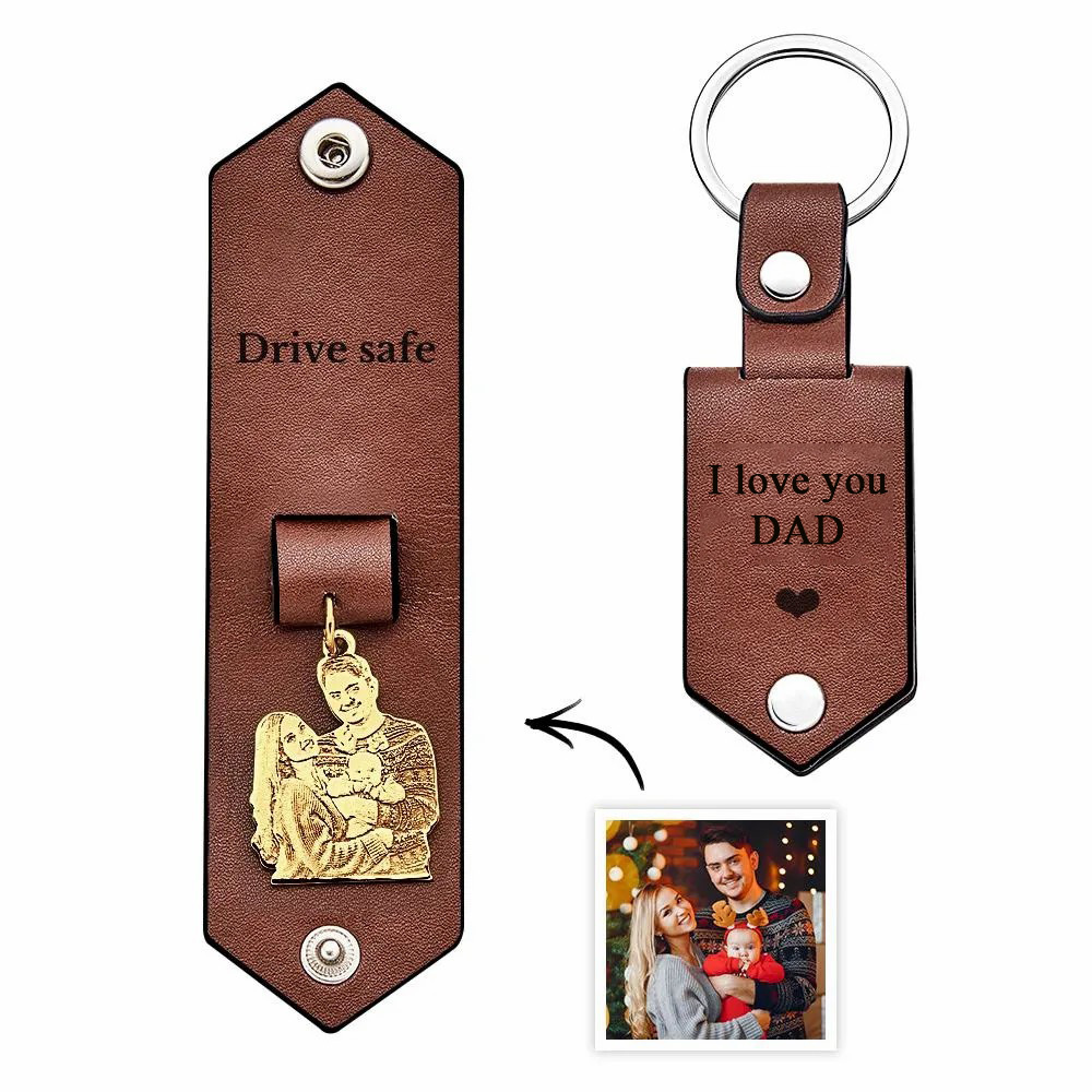 Custom Photo Leather Drive Safe Keychain With Engraved Text Key Ring Annivesary Gifts For Father - soufeelus