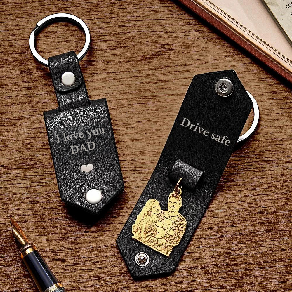 Custom Photo Leather Drive Safe Keychain With Engraved Text Key Ring Annivesary Gifts For Father - soufeelus