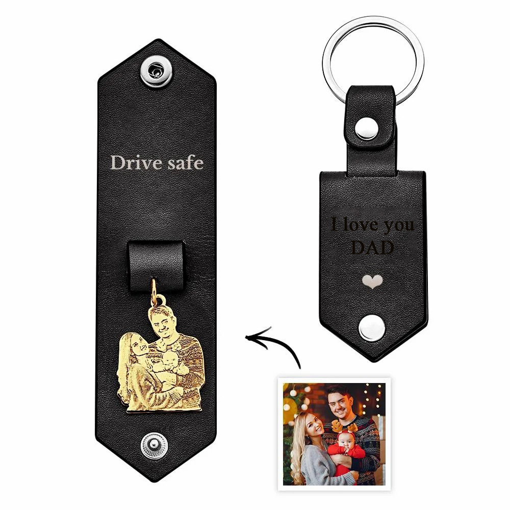 Custom Photo Leather Drive Safe Keychain With Engraved Text Key Ring Annivesary Gifts For Father - soufeelus