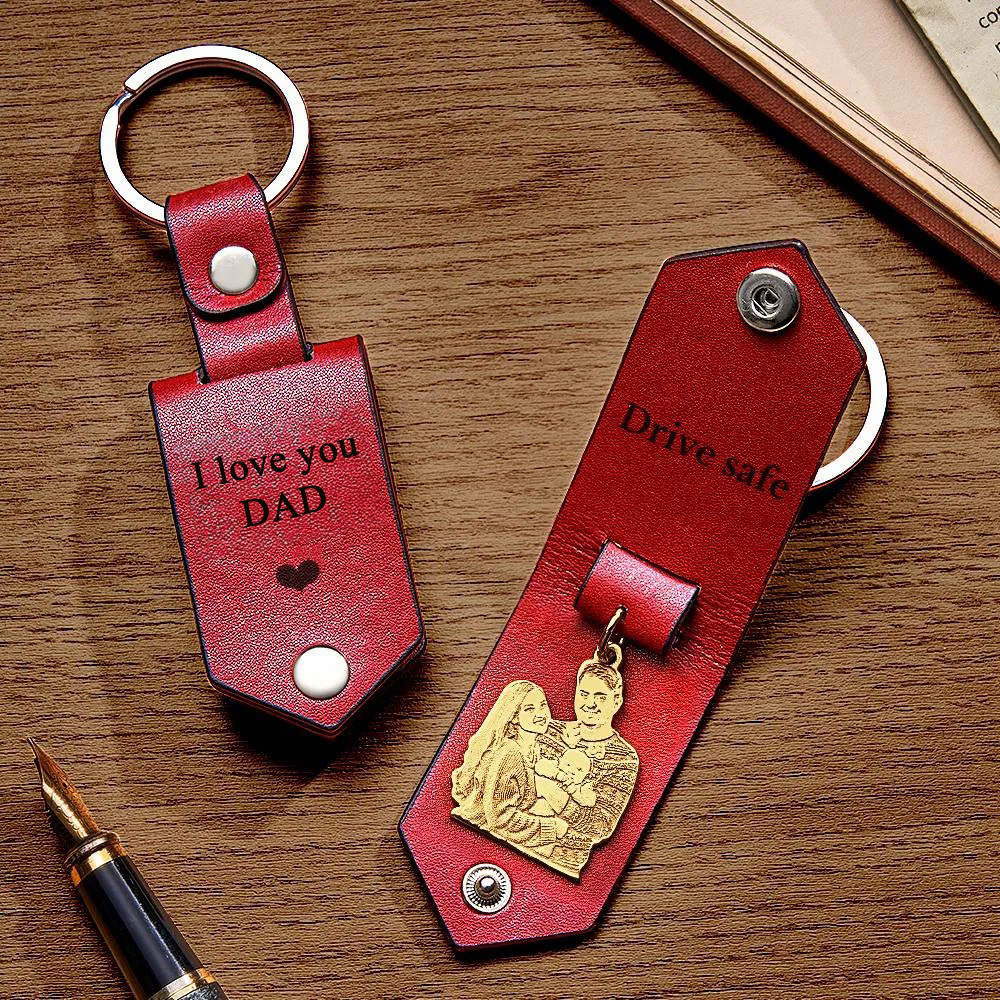 Custom Photo Leather Drive Safe Keychain With Engraved Text Key Ring Annivesary Gifts For Father - soufeelus