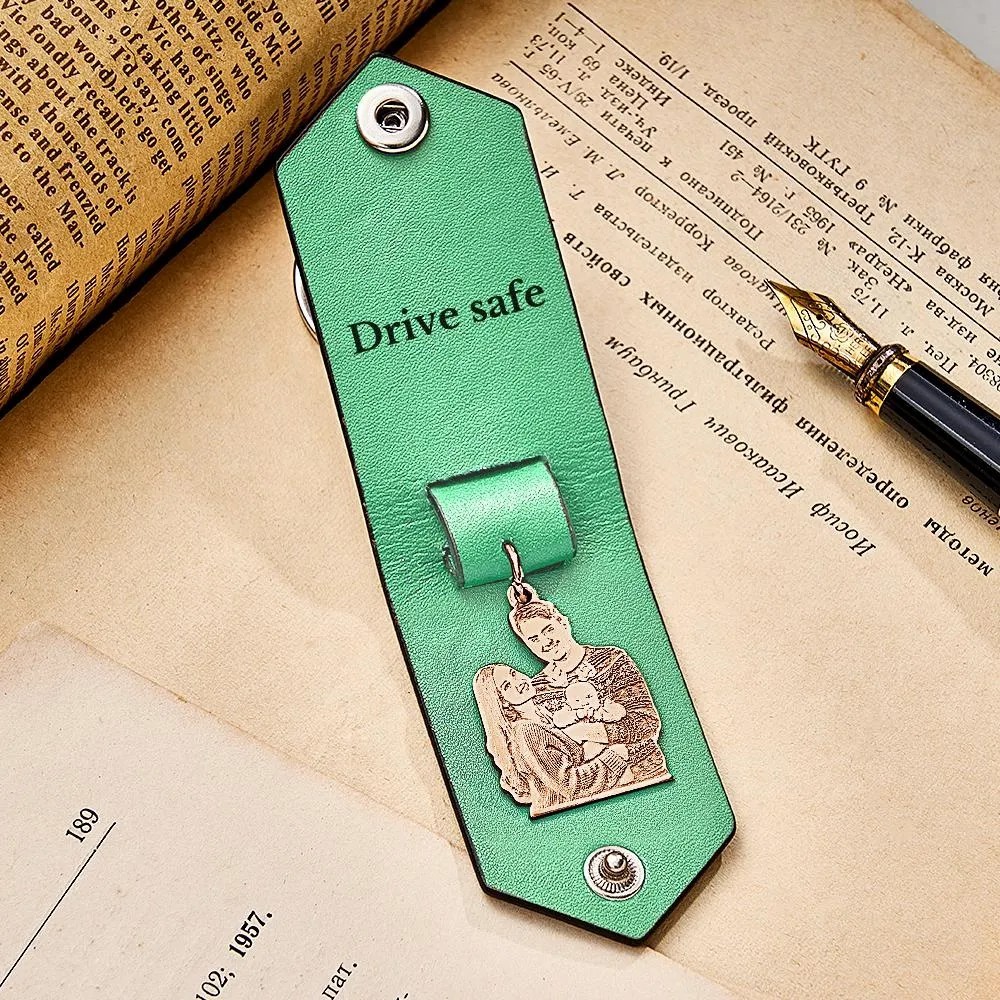 Custom Photo Leather Drive Safe Keychain With Engraved Text Key Ring Annivesary Gifts For Father - soufeelus