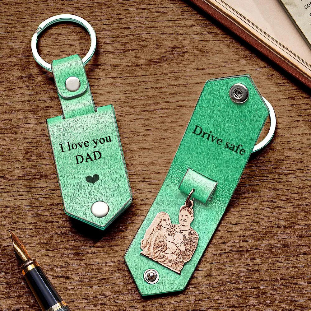 Custom Photo Leather Drive Safe Keychain With Engraved Text Key Ring Annivesary Gifts For Father - soufeelus