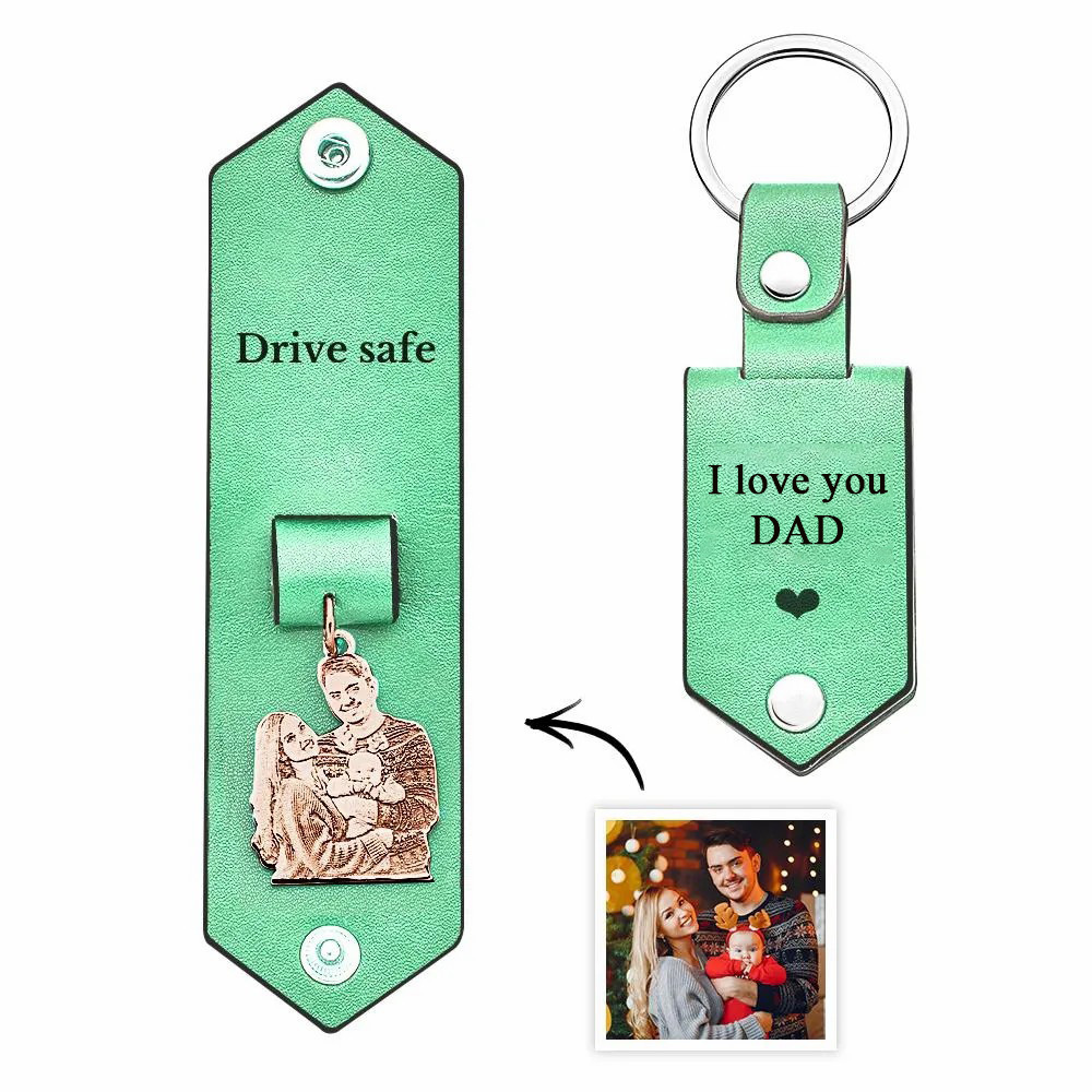 Custom Photo Leather Drive Safe Keychain With Engraved Text Key Ring Annivesary Gifts For Father - soufeelus