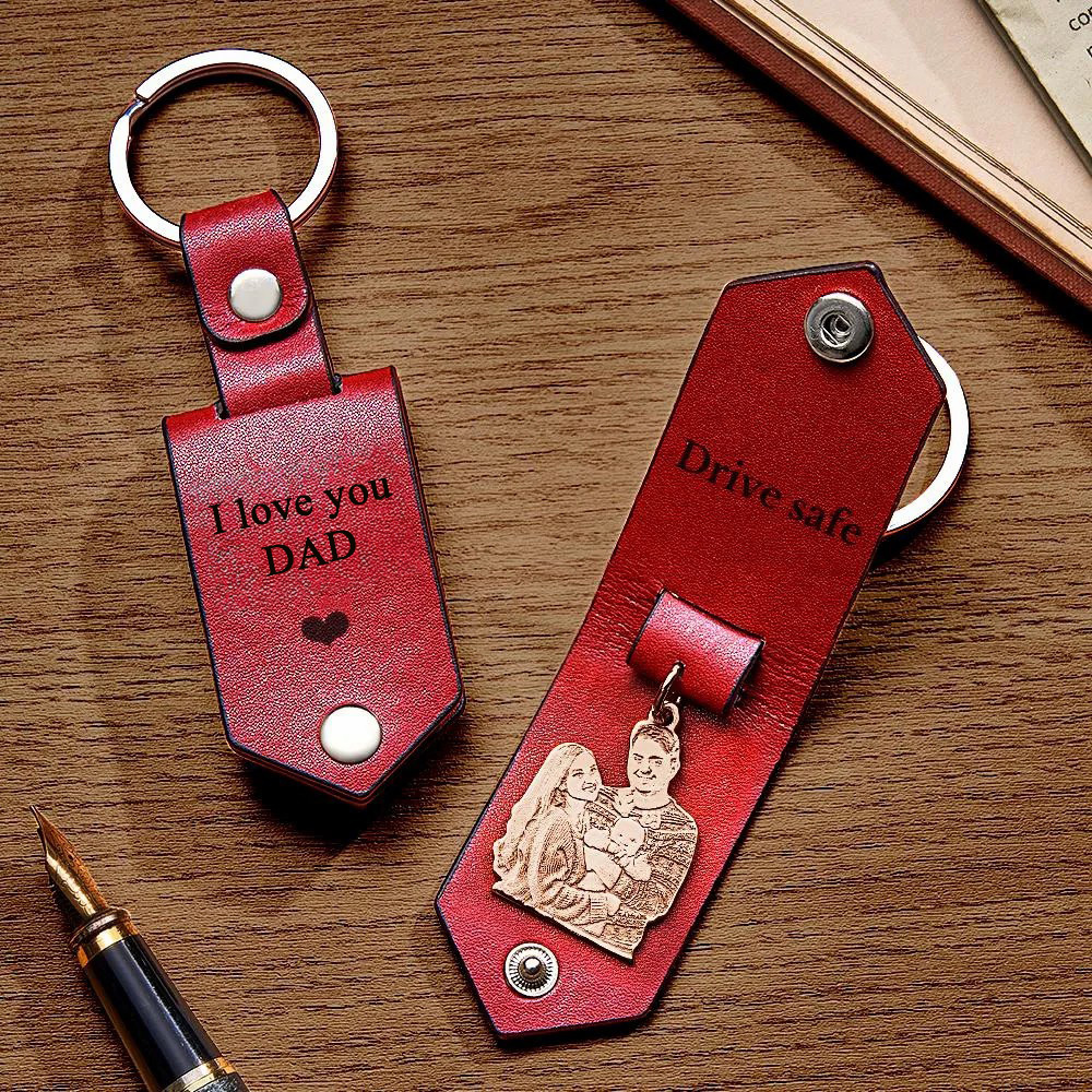 Custom Photo Leather Drive Safe Keychain With Engraved Text Key Ring Annivesary Gifts For Father - soufeelus