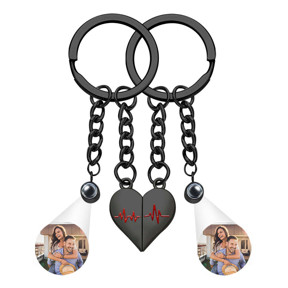 Custom Photo Heart Keychains Couple Projection Photo Magnetic Heartbeat Keyrings - soufeelus