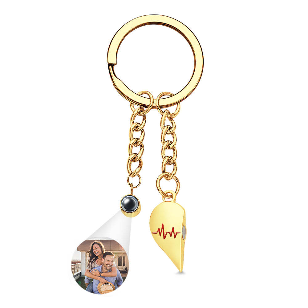 Custom Photo Heart Keychains Couple Projection Photo Magnetic Heartbeat Keyrings - soufeelus