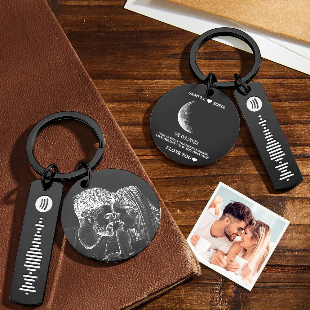 Custom Moon Phase Keychain Photo Spotify Keychain Personalized Stainless Steel Key Chains Valentine's Day Gift - soufeelus