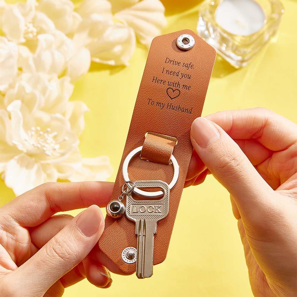 Custom Text Engraved Leather Keychain Personalized Photo Projection Gifts for Him - soufeelus