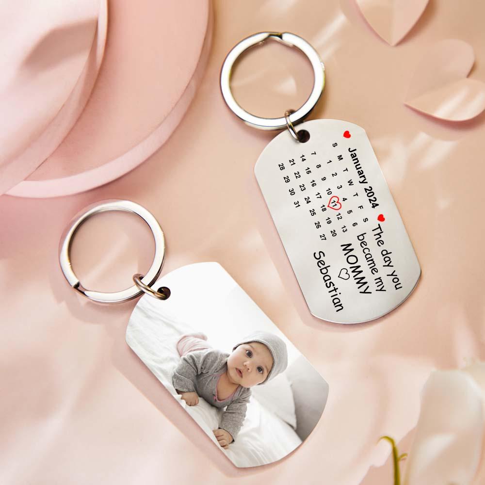 Custom Photo The Day You Became My Mommy Calendar Keychain Gift for Mother Personalized Aluminum Keyring - soufeelus