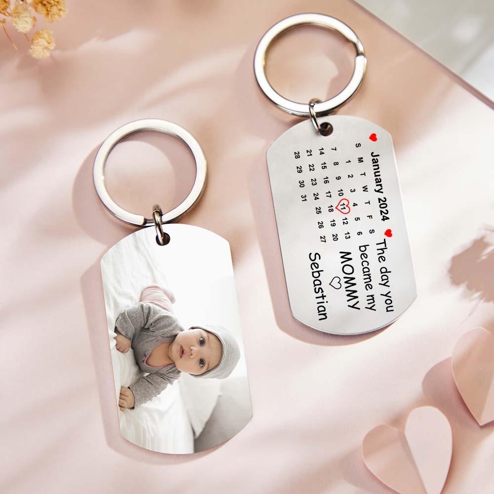 Custom Photo The Day You Became My Mommy Calendar Keychain Gift for Mother Personalized Aluminum Keyring - soufeelus