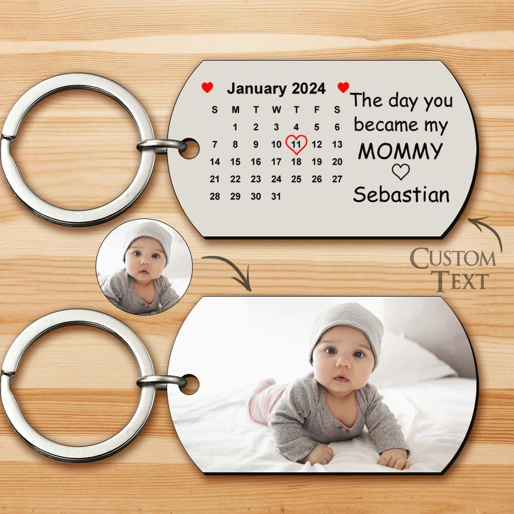 Custom Photo The Day You Became My Mommy Calendar Keychain Gift for Mother Personalized Aluminum Keyring - soufeelus