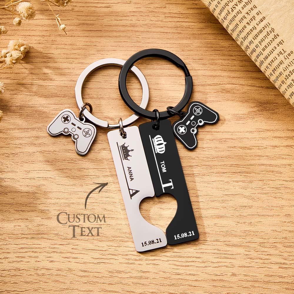 2 Personalized Couple Keychains Engraved Name and Date with Gamepad Charm Keyrings - soufeelus