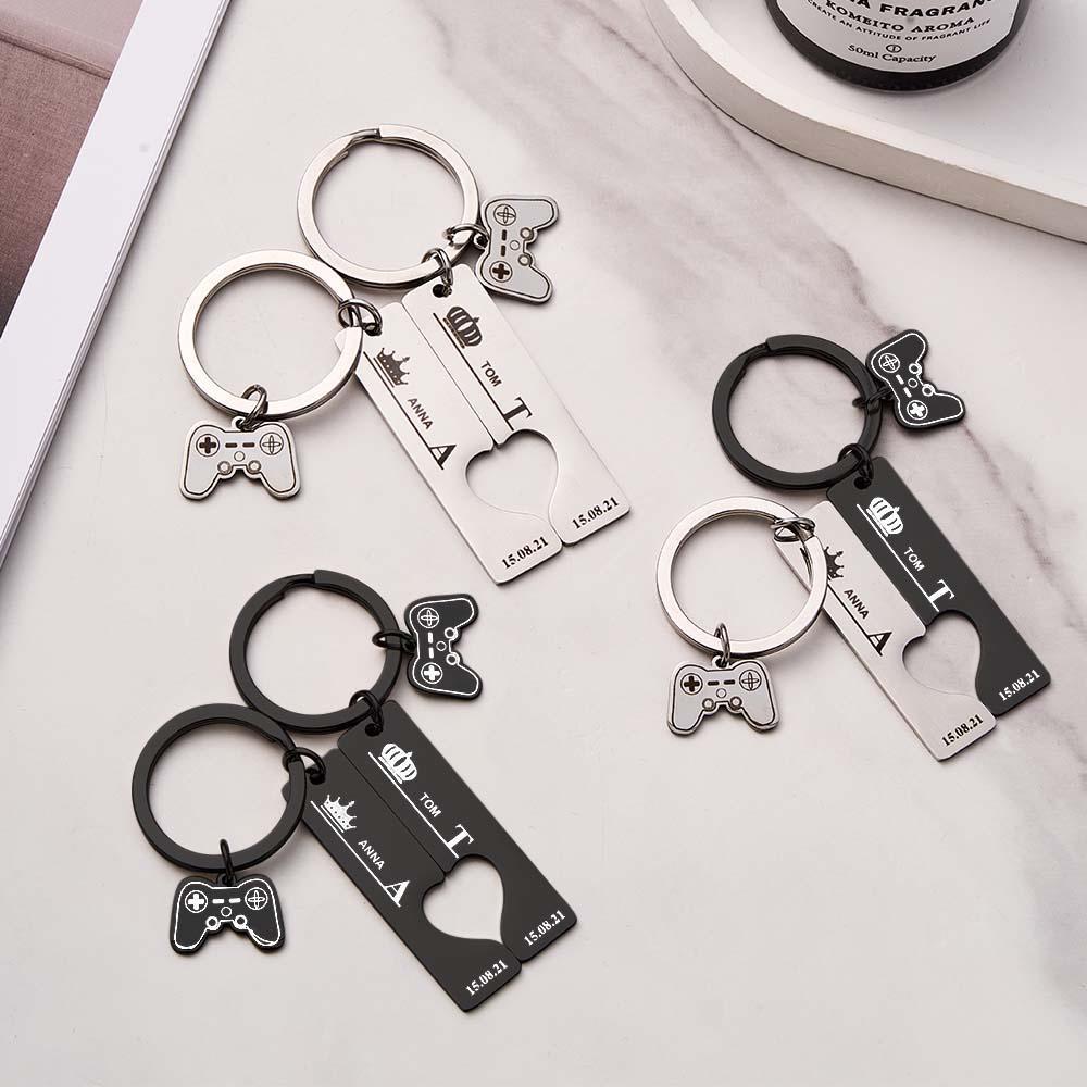 2 Personalized Couple Keychains Engraved Name and Date with Gamepad Charm Keyrings - soufeelus