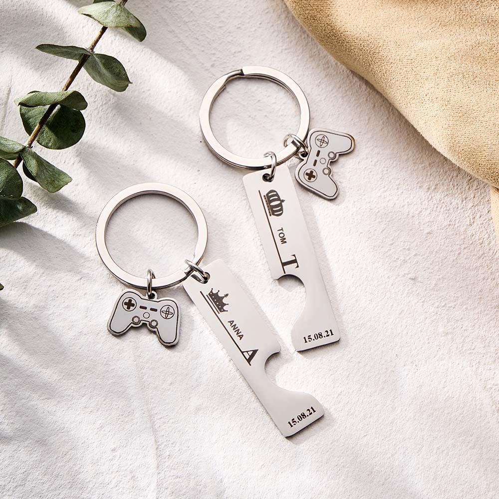 2 Personalized Couple Keychains Engraved Name and Date with Gamepad Charm Keyrings - soufeelus