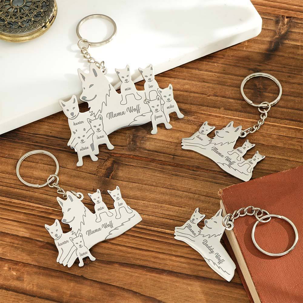 Personalized Wolf Keychain with Engraved Family Names Gift for Family - soufeelus
