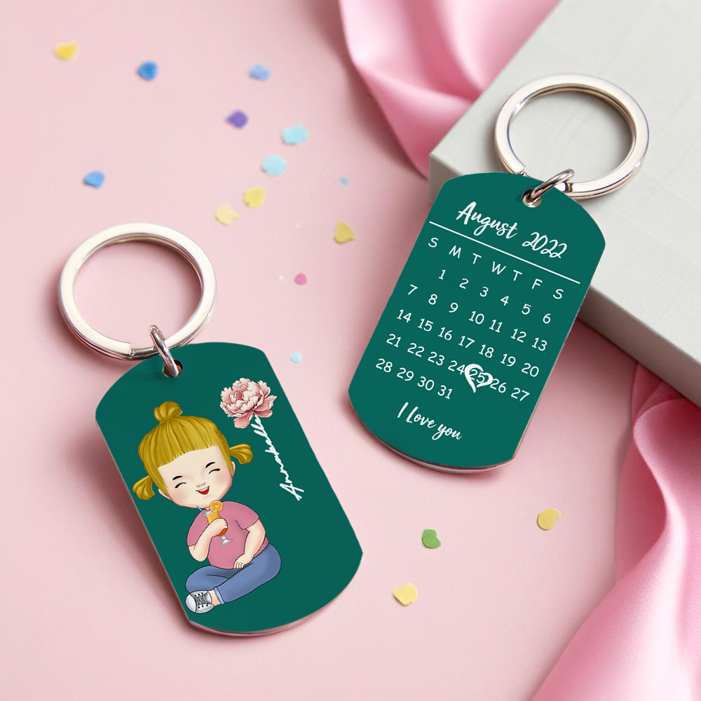 Personalized Cute Cartoon Birth Flower Calendar Keychain Birthday Back to School Gift for Kids