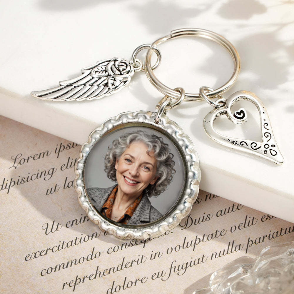 Personalized Photo Keychain with Text Heart Wing Keychain Memorial Gift - soufeelus