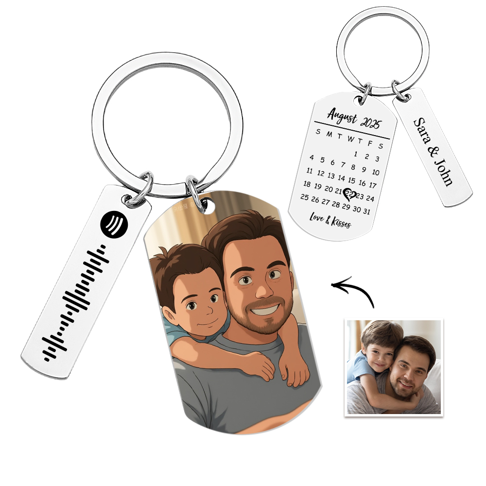 Personalized Spotify Calendar Keychain Gibli Style Custom Picture & Music Song Code Couples Photo Keyring Best Gifts - soufeelus