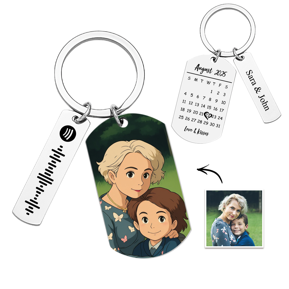 Personalized Spotify Calendar Keychain Gibli Style Custom Picture & Music Song Code Couples Photo Keyring Best Gifts - soufeelus