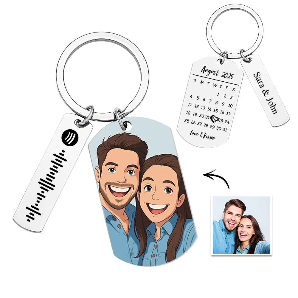 Personalized Spotify Calendar Keychain Gibli Style Custom Picture & Music Song Code Couples Photo Keyring Best Gifts - soufeelus