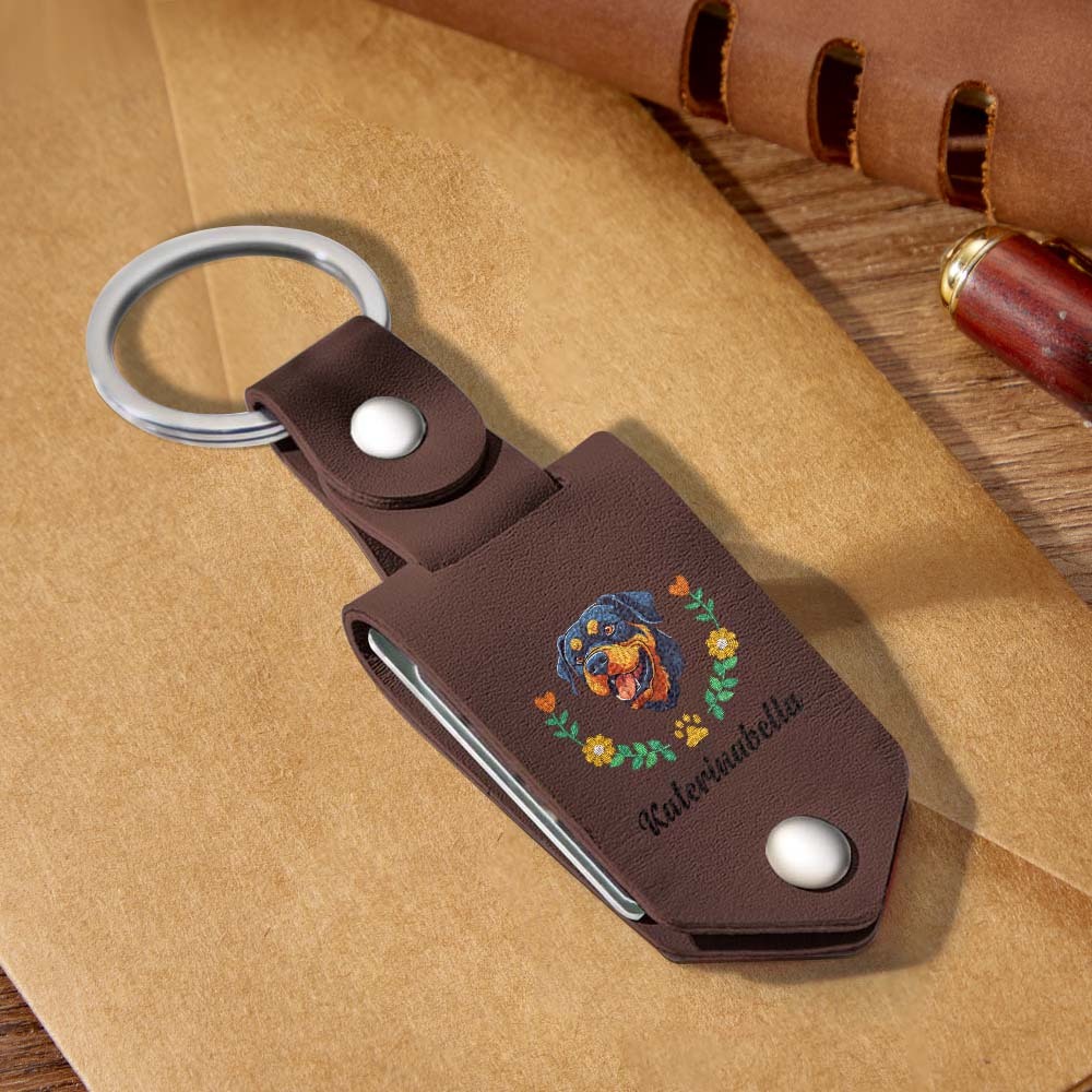 Custom Embroidered Style Pet Avatar Keychain, Personalized Leather Dog Portrait, Pet Memorial Gift - soufeelus