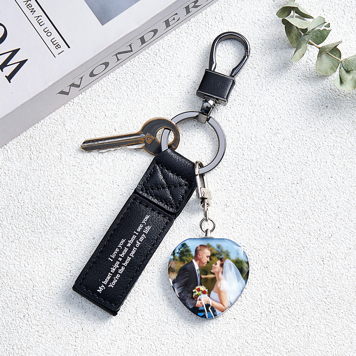 Custom Double Sided Photo Crystal Keychain Engraved Leather Keychain Gifts For Her Wedding Gifts