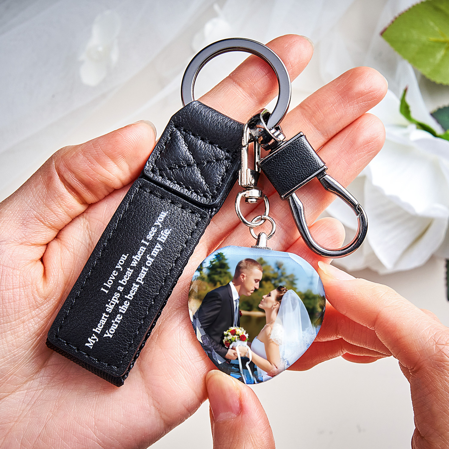 Custom Double Sided Photo Crystal Keychain Engraved Leather Keychain Gifts For Her Wedding Gifts