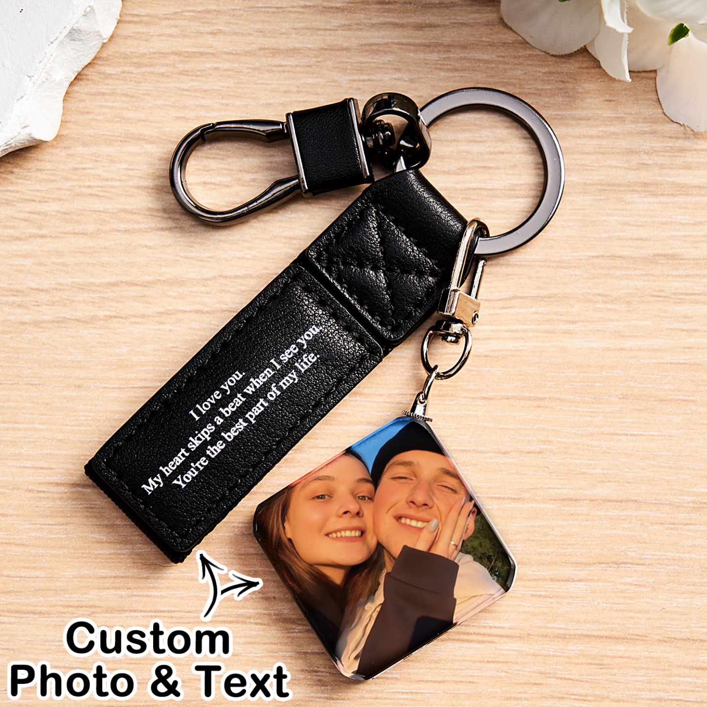 Custom Double Sided Photo Crystal Keychain Engraved Leather Keychain Gifts For Her Wedding Gifts