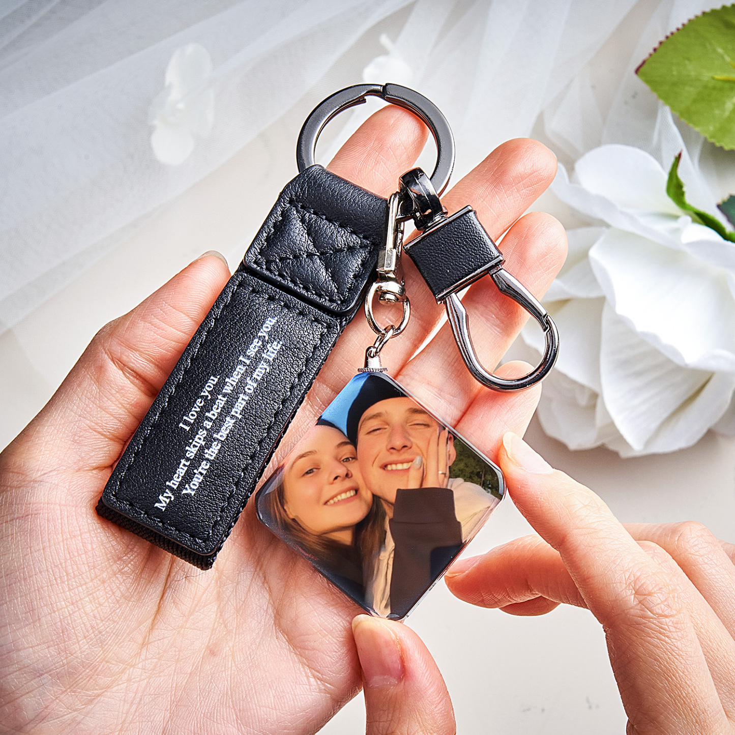 Custom Double Sided Photo Crystal Keychain Engraved Leather Keychain Gifts For Her Wedding Gifts