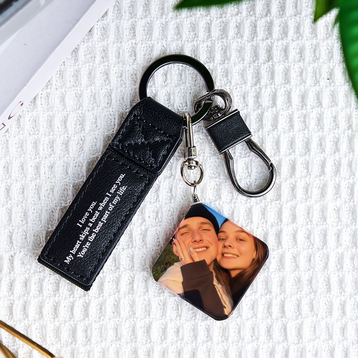 Custom Double Sided Photo Crystal Keychain Engraved Leather Keychain Gifts For Her Wedding Gifts