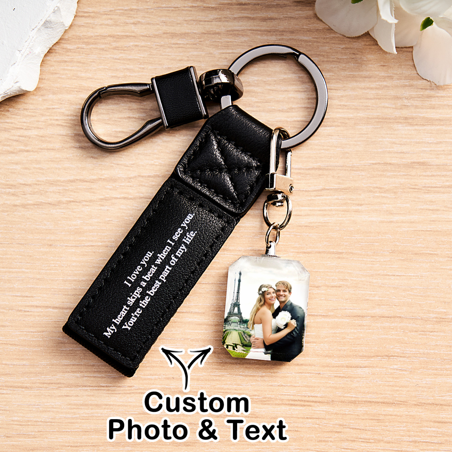 Custom Double Sided Photo Crystal Keychain Engraved Leather Keychain Gifts For Her Wedding Gifts