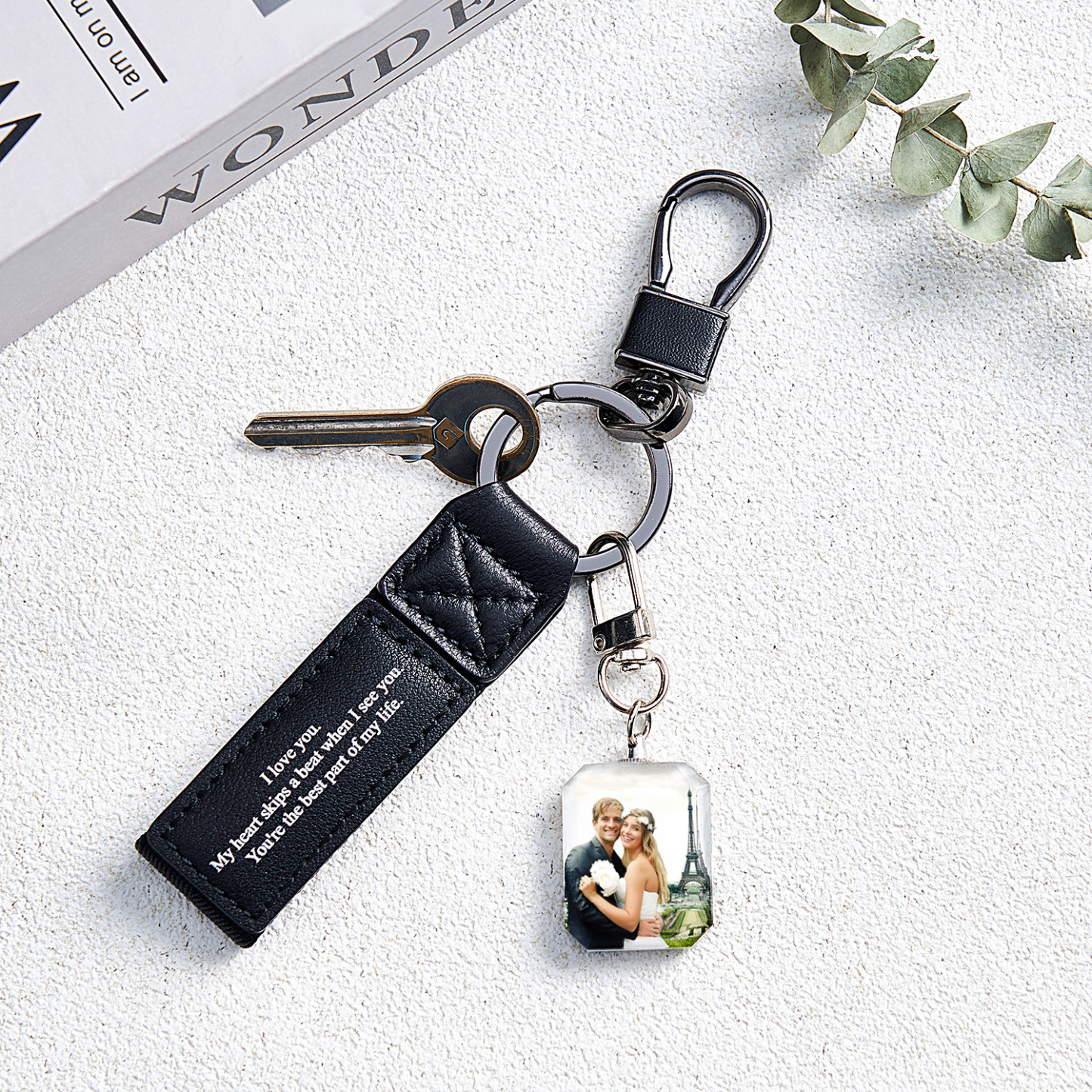 Custom Double Sided Photo Crystal Keychain Engraved Leather Keychain Gifts For Her Wedding Gifts