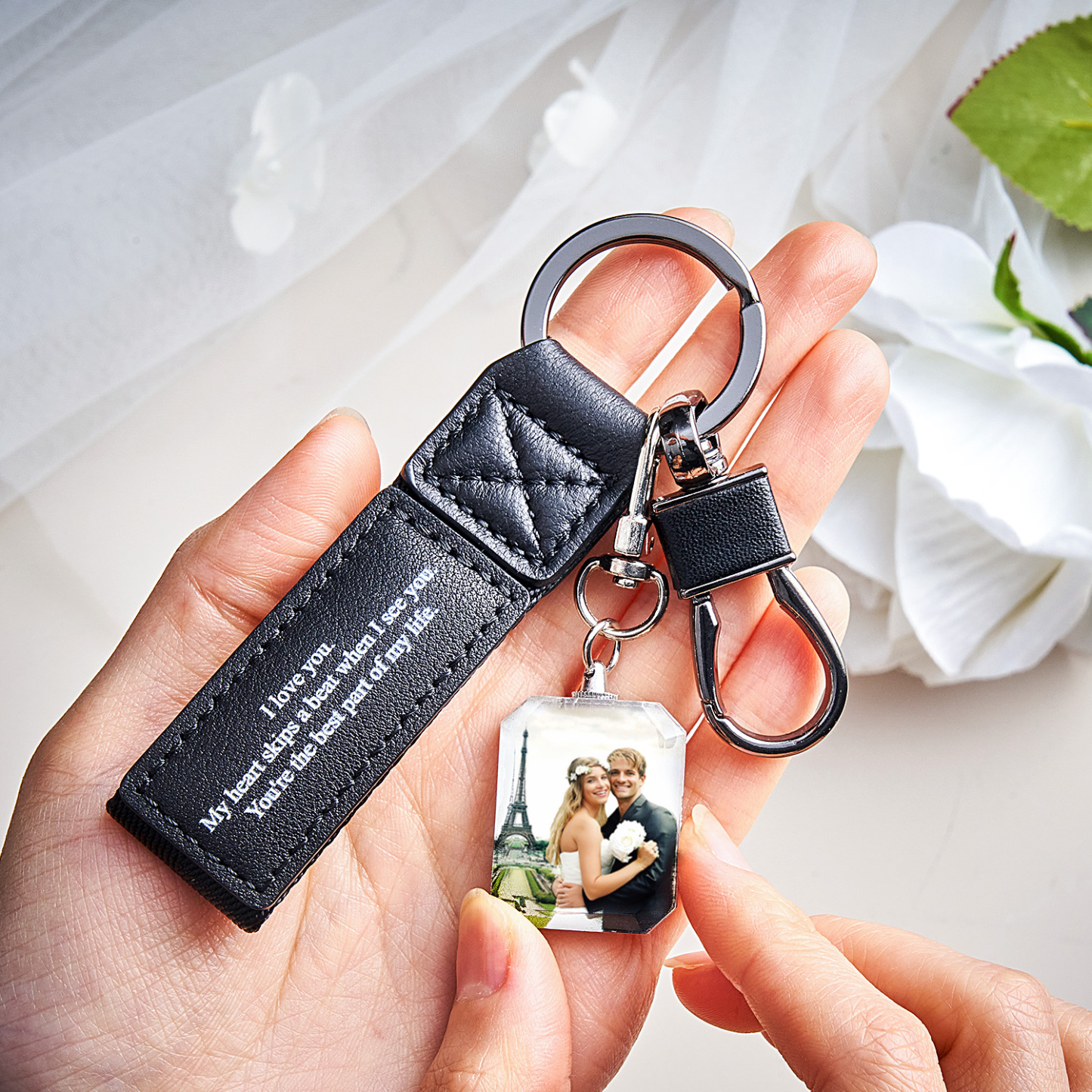 Custom Double Sided Photo Crystal Keychain Engraved Leather Keychain Gifts For Her Wedding Gifts