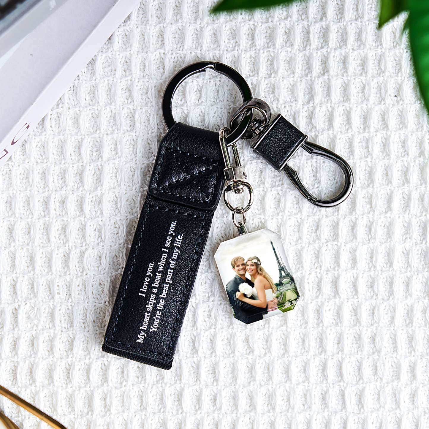 Custom Double Sided Photo Crystal Keychain Engraved Leather Keychain Gifts For Her Wedding Gifts
