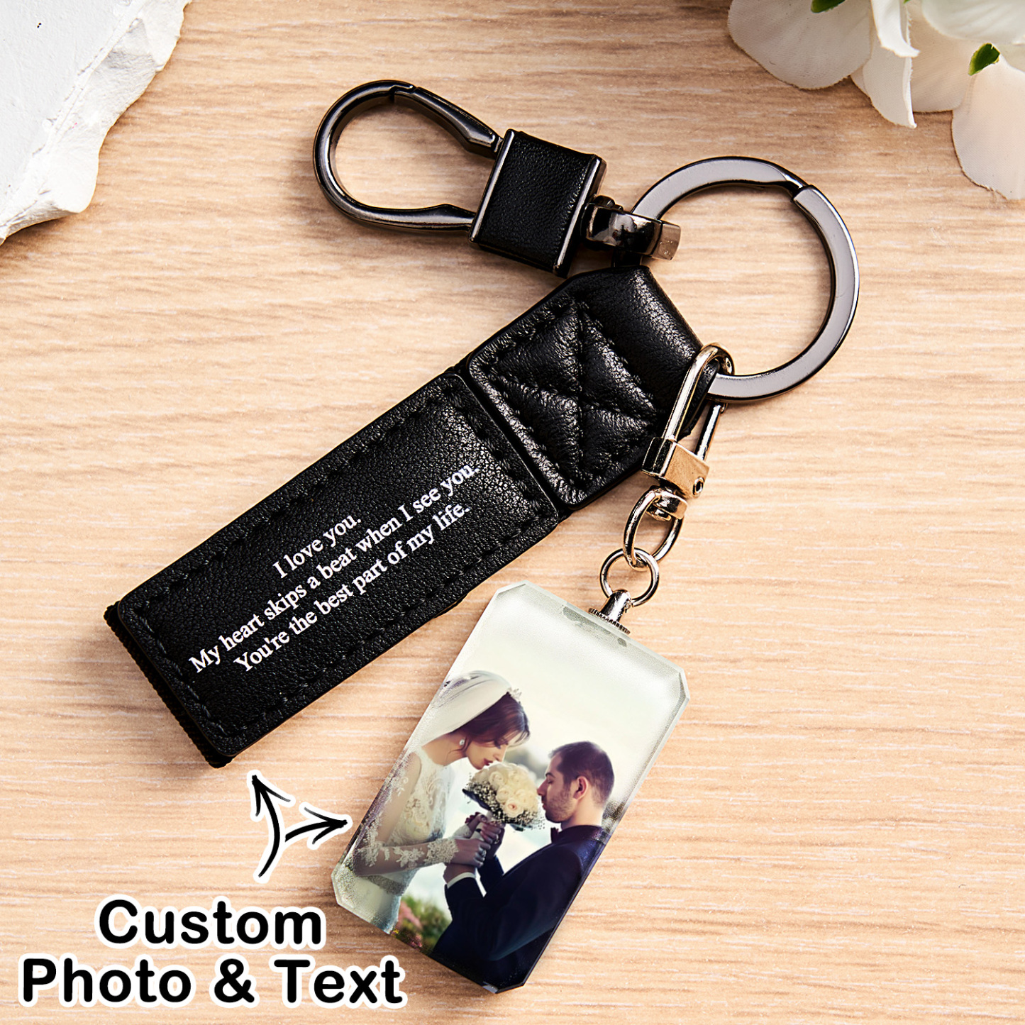 Custom Double Sided Photo Crystal Keychain Engraved Leather Keychain Gifts For Her Wedding Gifts