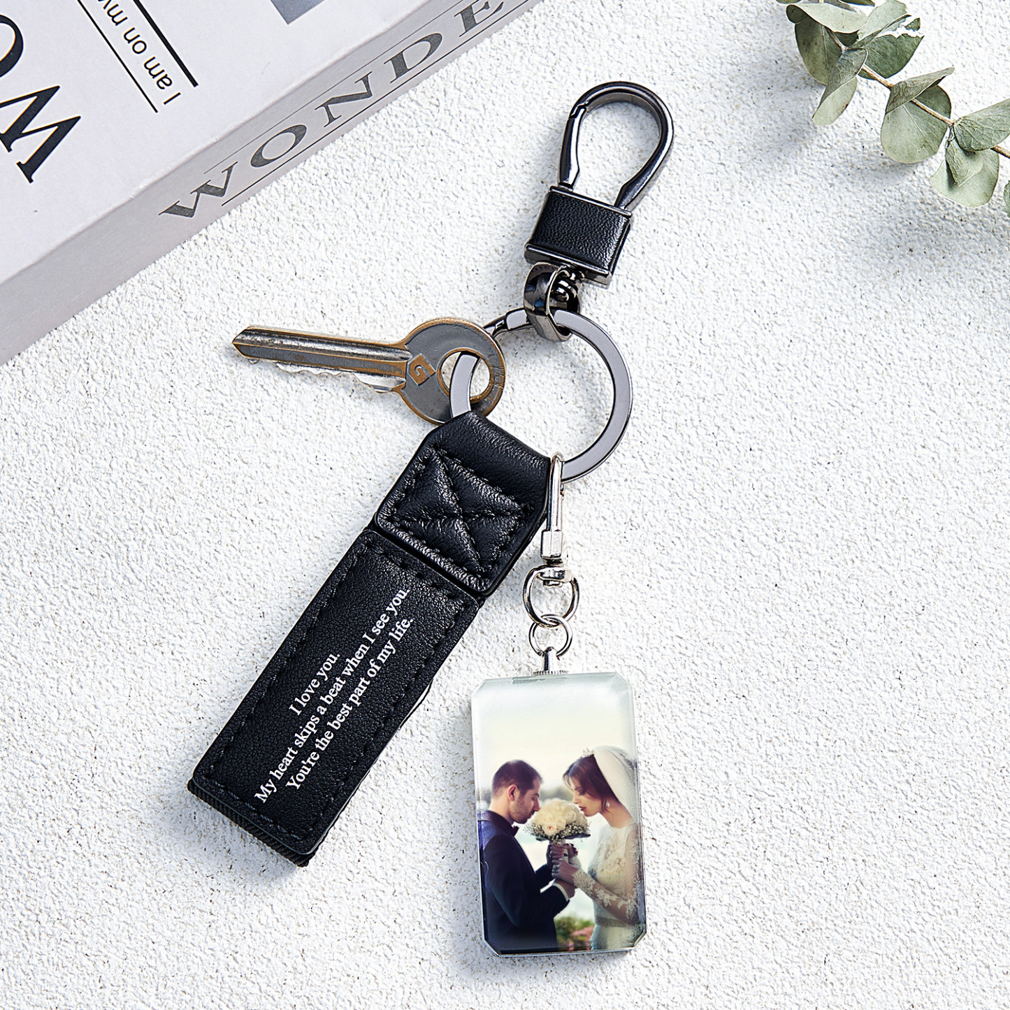Custom Double Sided Photo Crystal Keychain Engraved Leather Keychain Gifts For Her Wedding Gifts