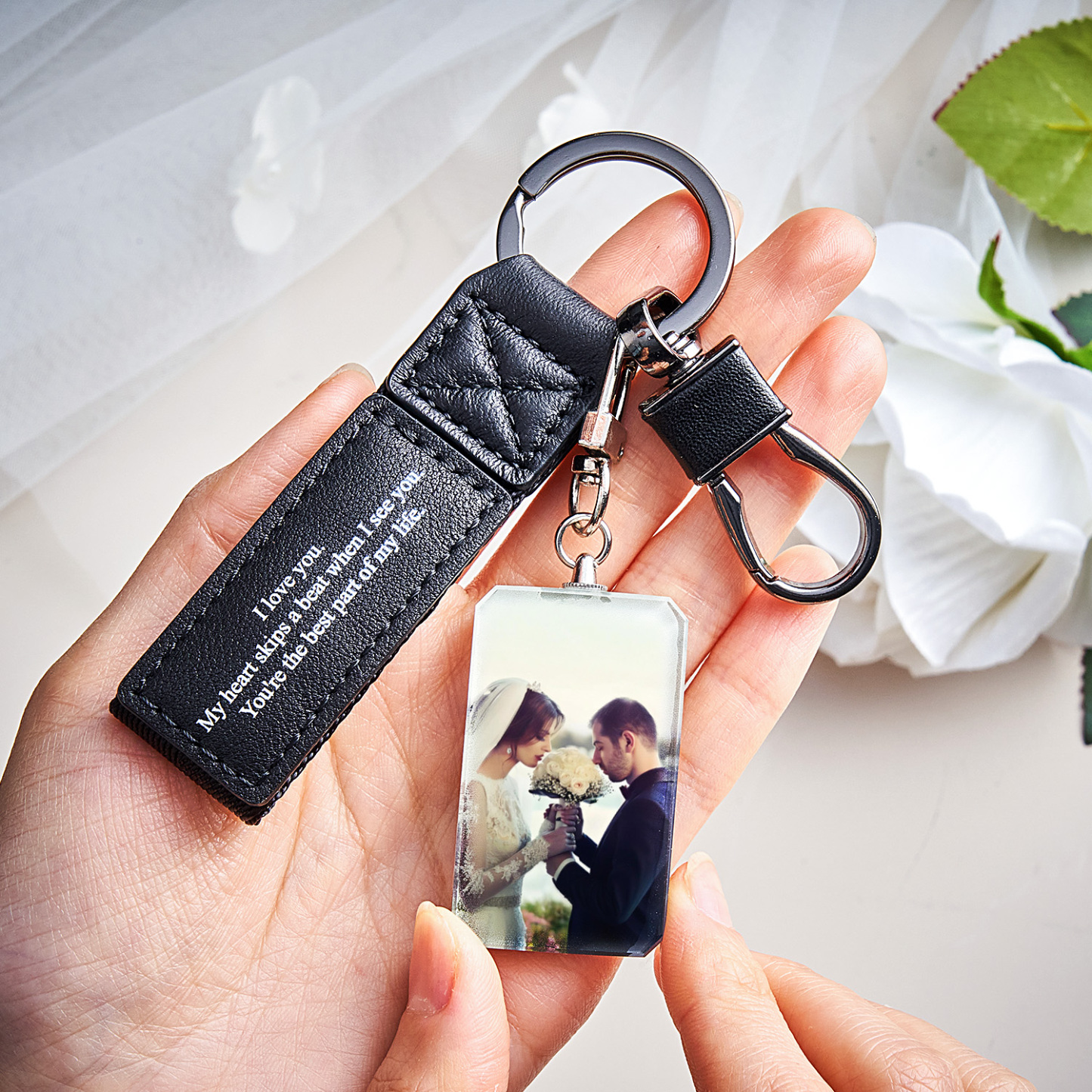 Custom Double Sided Photo Crystal Keychain Engraved Leather Keychain Gifts For Her Wedding Gifts
