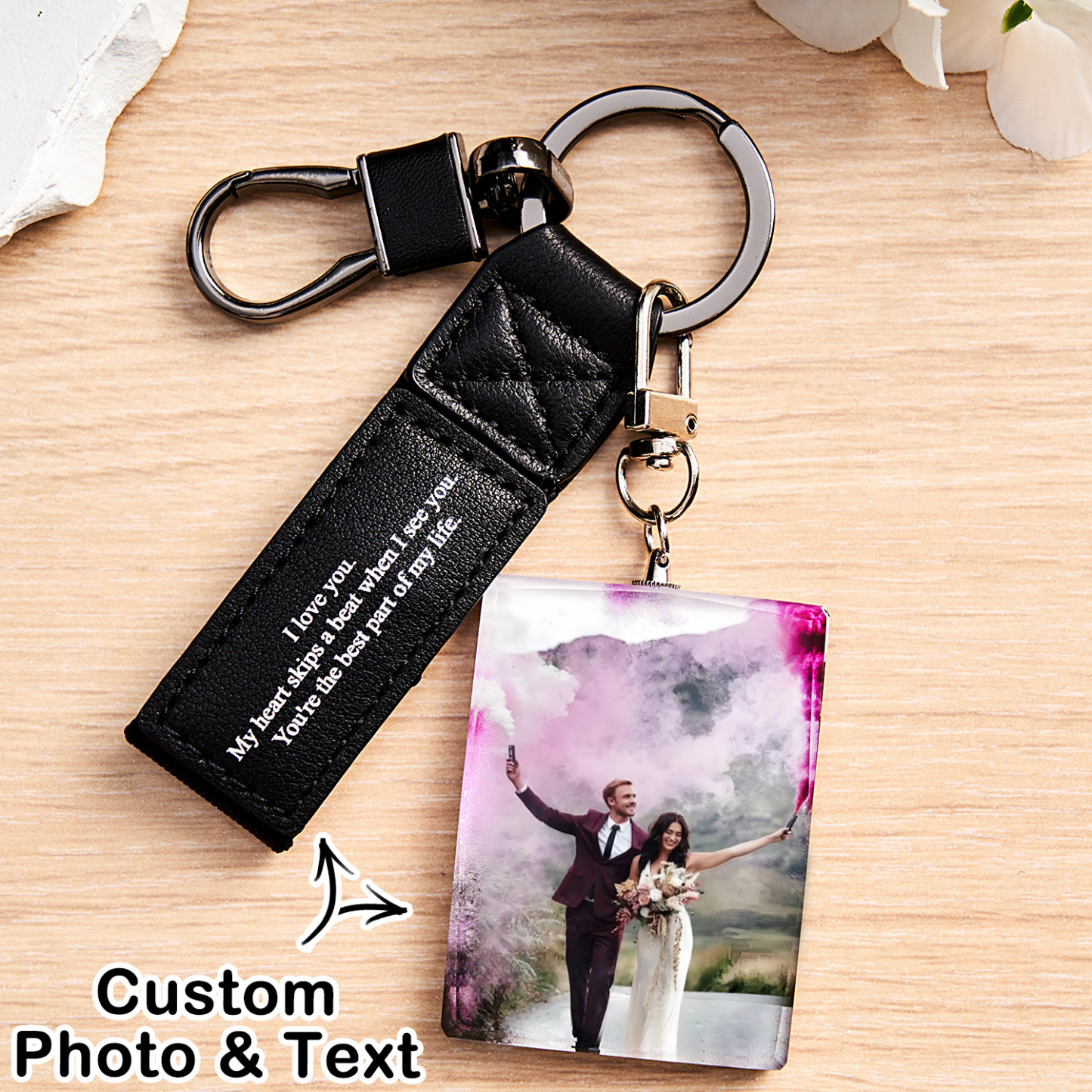 Custom Double Sided Photo Crystal Keychain Engraved Leather Keychain Gifts For Her Wedding Gifts