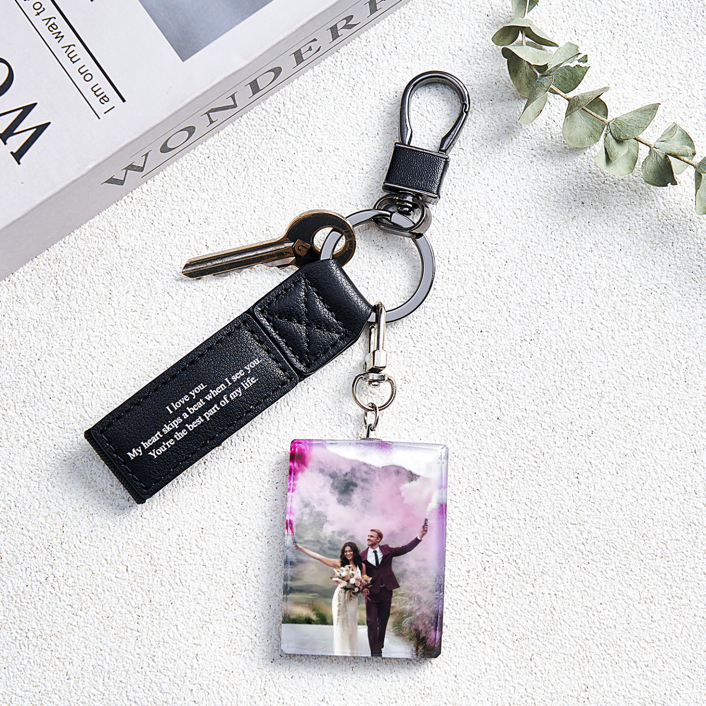 Custom Double Sided Photo Crystal Keychain Engraved Leather Keychain Gifts For Her Wedding Gifts
