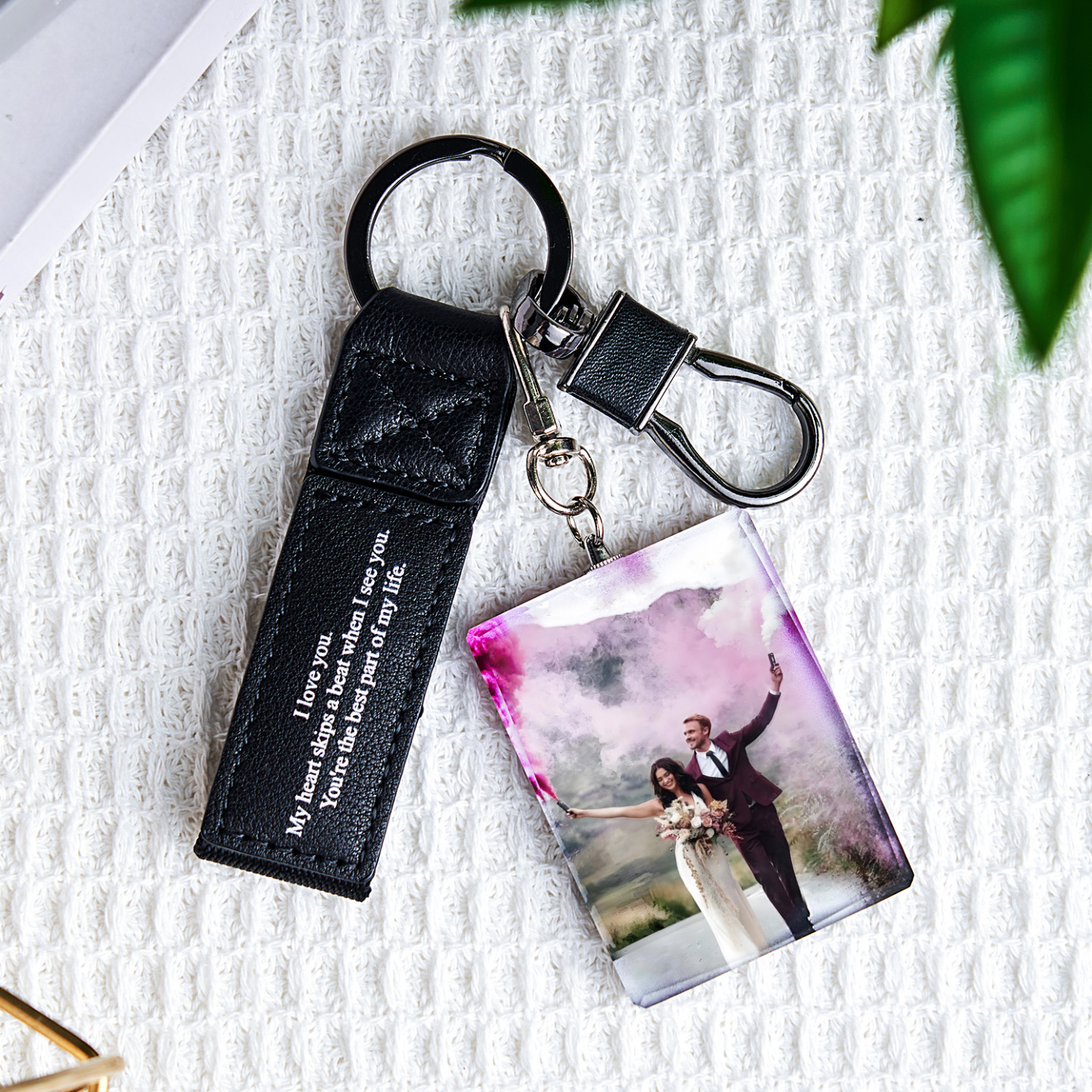 Custom Double Sided Photo Crystal Keychain Engraved Leather Keychain Gifts For Her Wedding Gifts