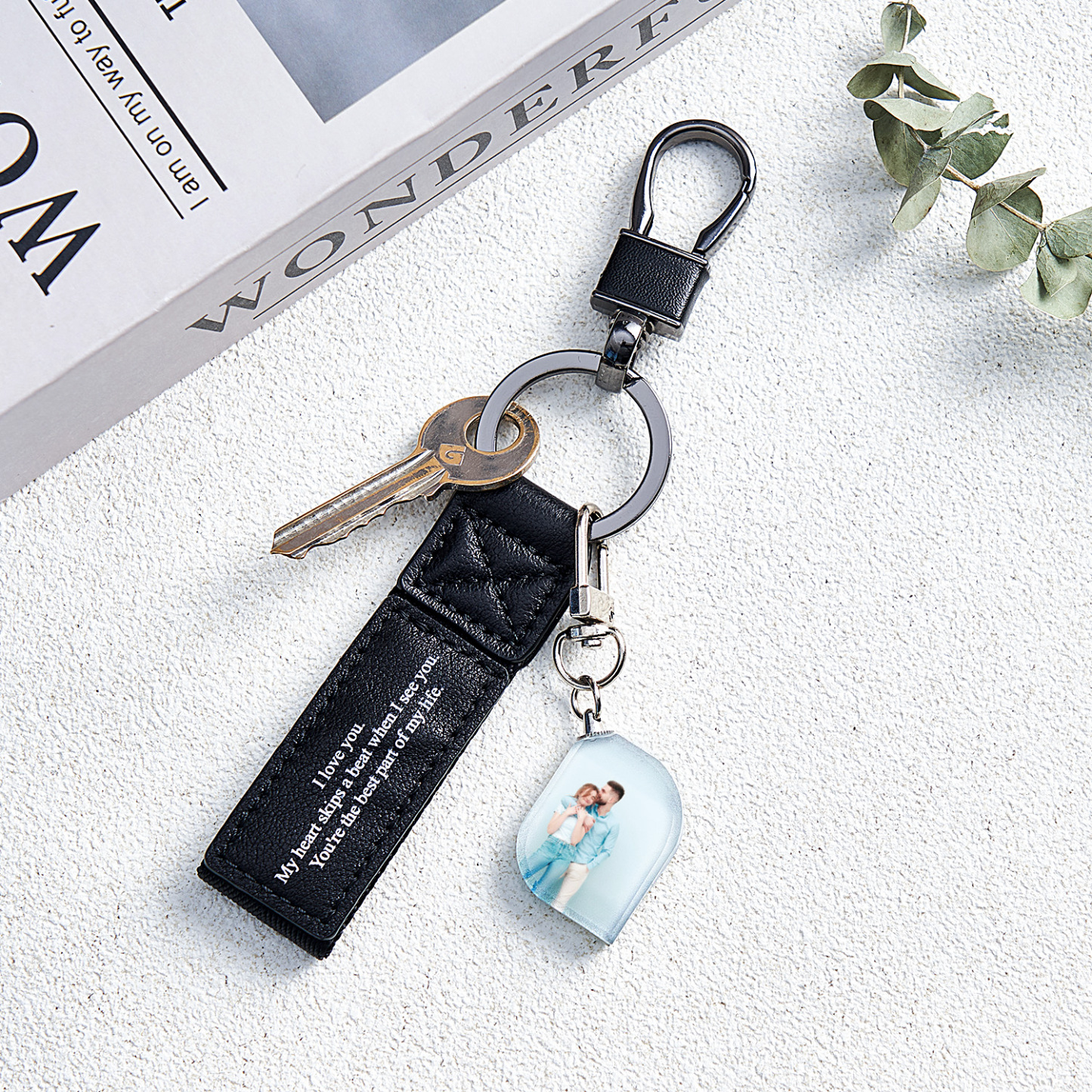 Custom Double Sided Photo Crystal Keychain Engraved Leather Keychain Gifts For Her Wedding Gifts