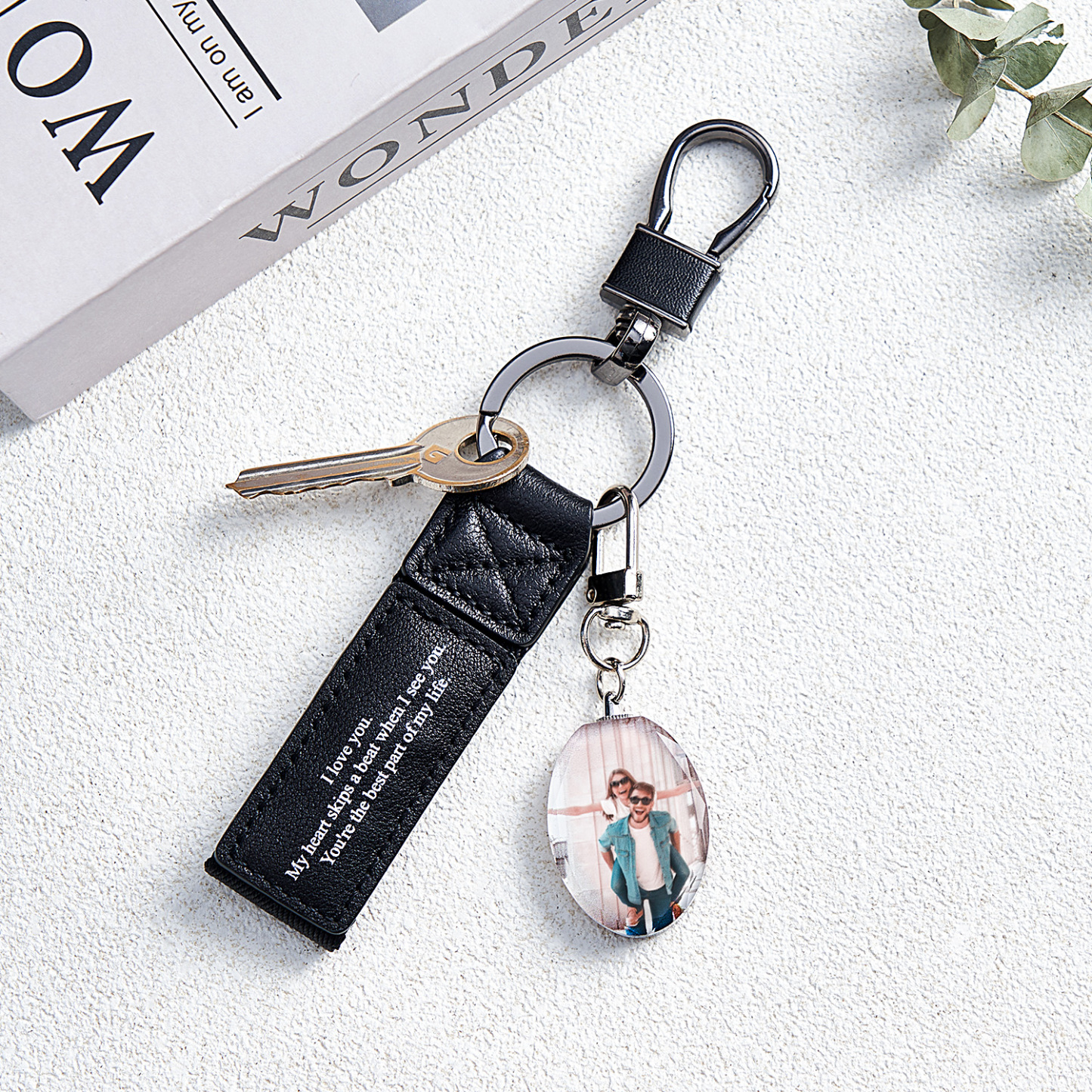 Custom Double Sided Photo Crystal Keychain Engraved Leather Keychain Gifts For Her Wedding Gifts