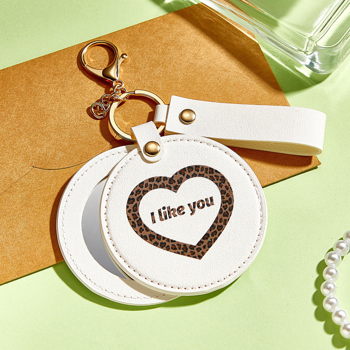 Engraved Keychain Leather Makeup Mirror Engraved Keychain Mirror Pendant Anniversary Gift - soufeelus