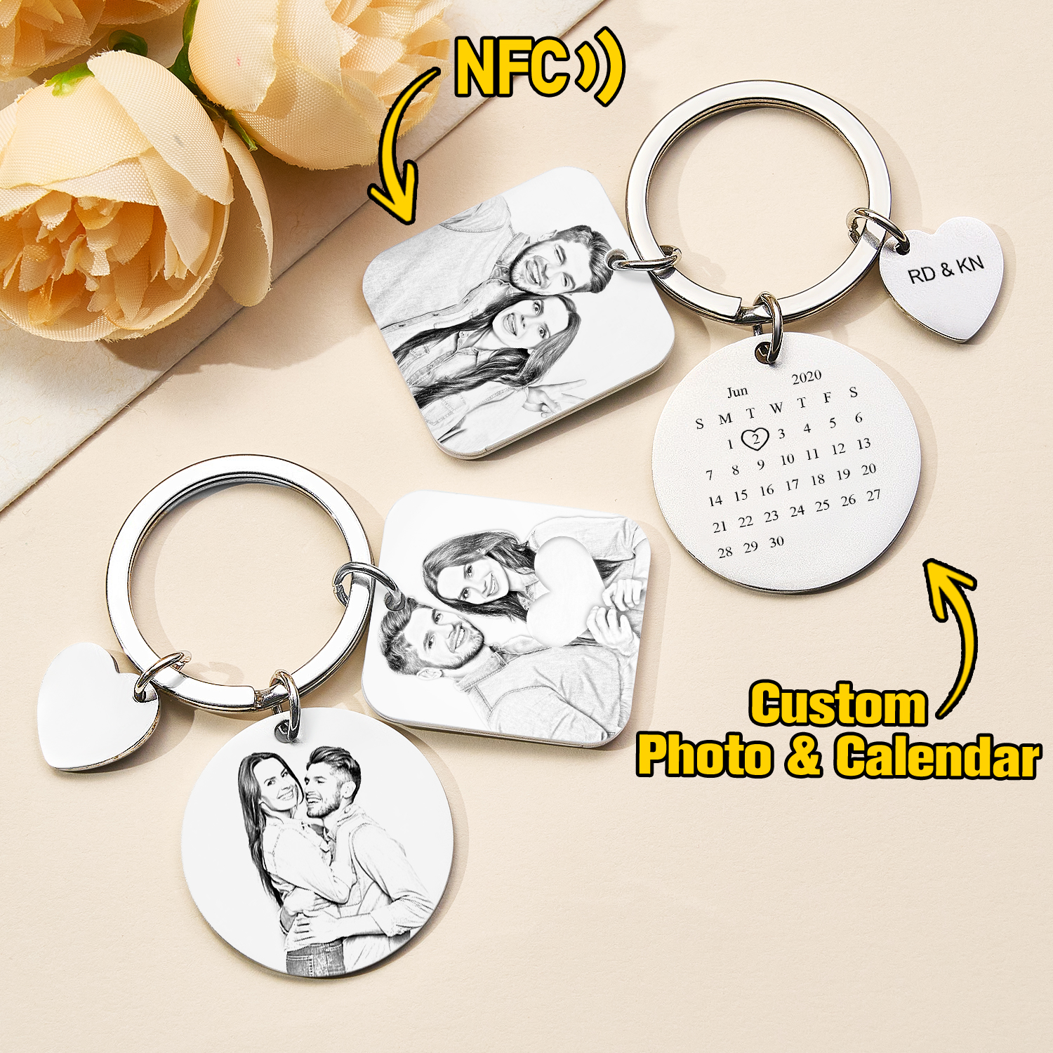 Personalized NFC Calendar Photo Keychain Custom Song Keychain Gifts for Couples Anniversary Gift - soufeelus