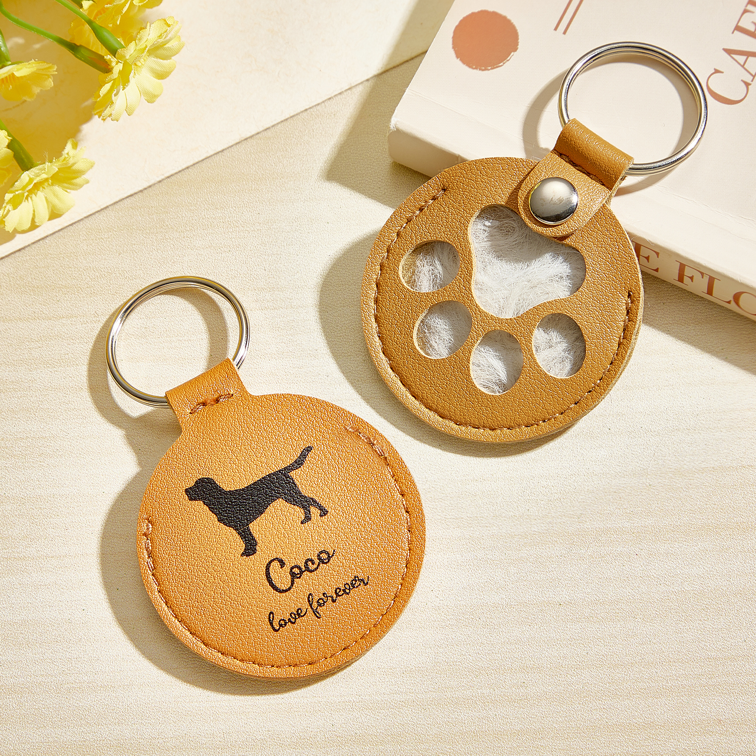 Custom Name Pet Hair Keychain Round Leather Paw Keychain Pet Hair Storage Bag Pet Commemorative Pendant Gifts for Pet Lovers - soufeelus